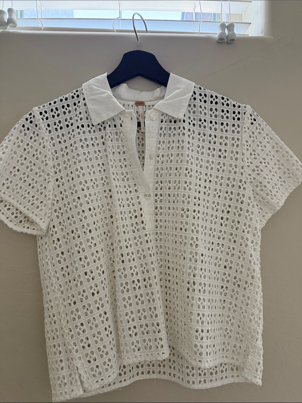 Free People White Eyelet Polo Top